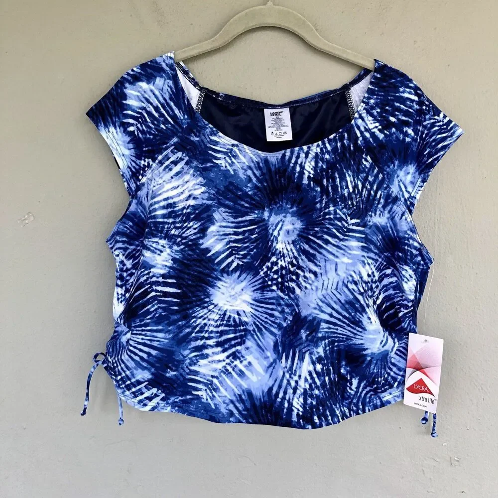 Lands End Tie Dye Tankini Swim Top Women 18W Blue Palm Print Padded Beach Resort